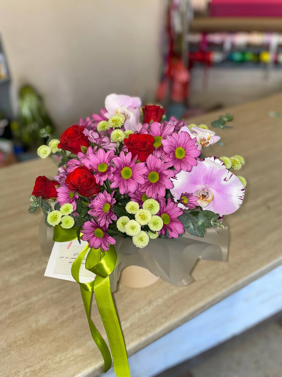 Tender Surprise – Roses, Orchids & Chrysanthemums Basket
