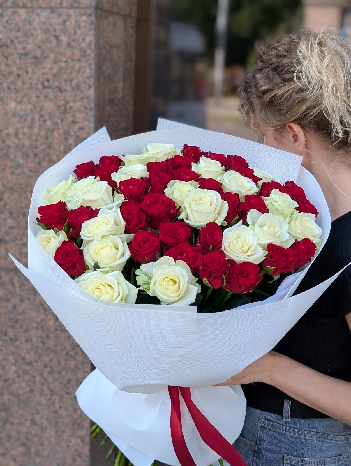 Marvelous Red and White Roses Bouquet
