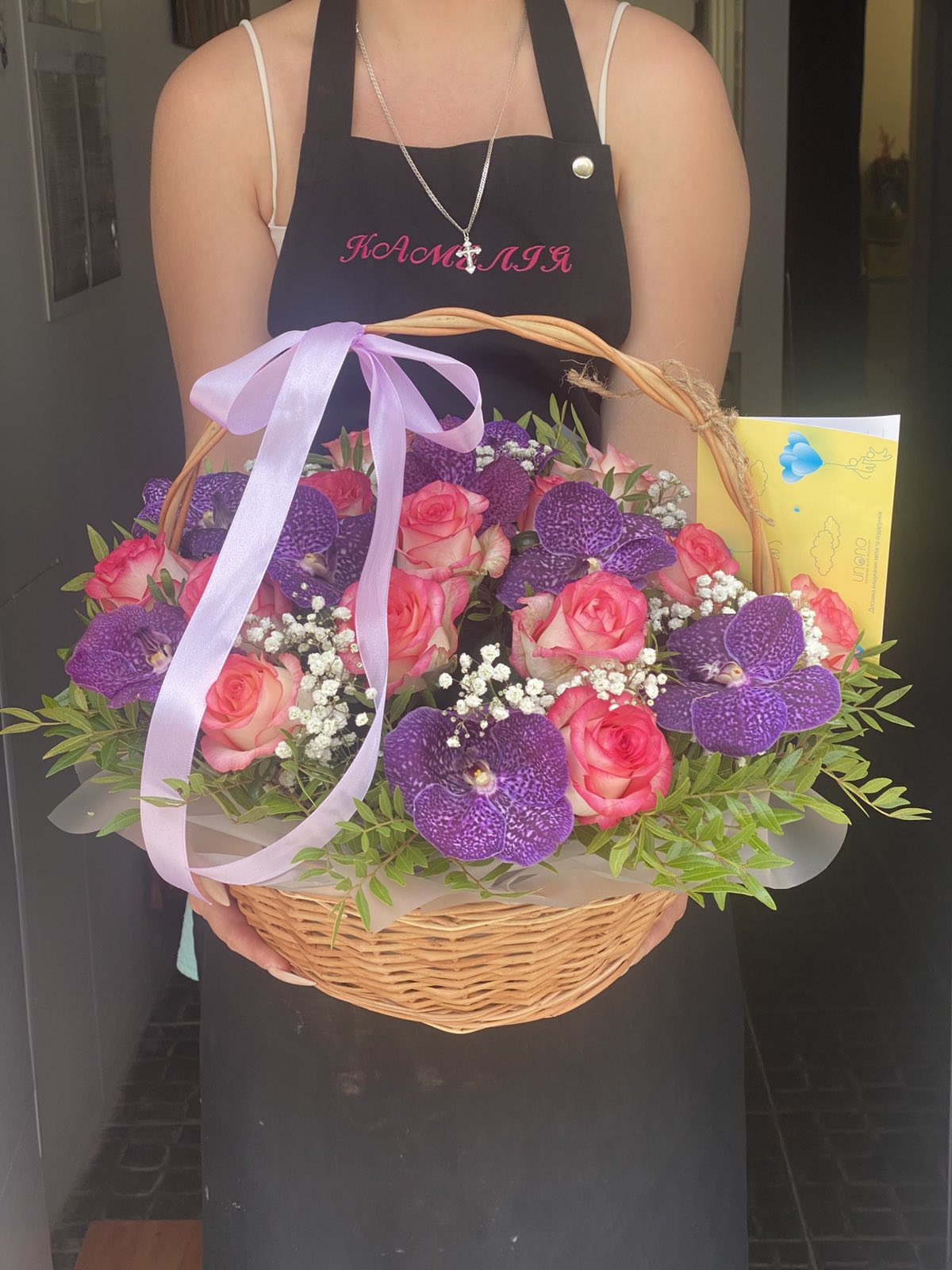 Flower Girl Basket | Pink Roses & White Orchids Basket Ukraine Delivery