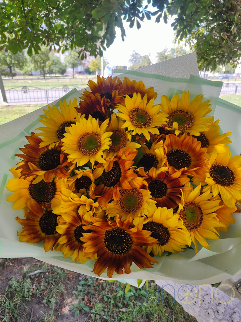 15 yellow sunflowers arranged for delivery in Ukraine