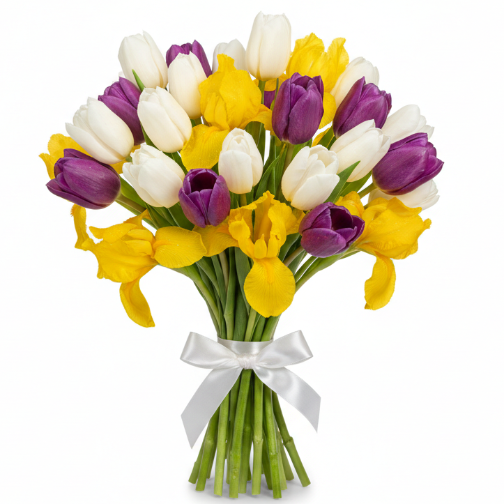 Tulips and irises spring bouquet for March 8 delivery