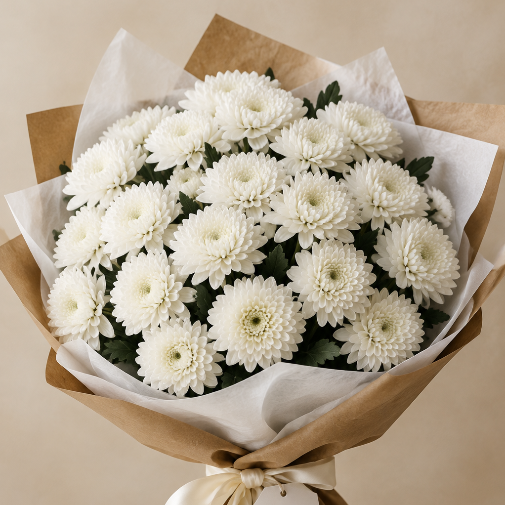 A bouquet of 25 white chrysanthemums wrapped in brown kraft paper and white tissue paper, tied with a cream ribbon and a small tag, set on a beige stone surface against a neutral beige background.