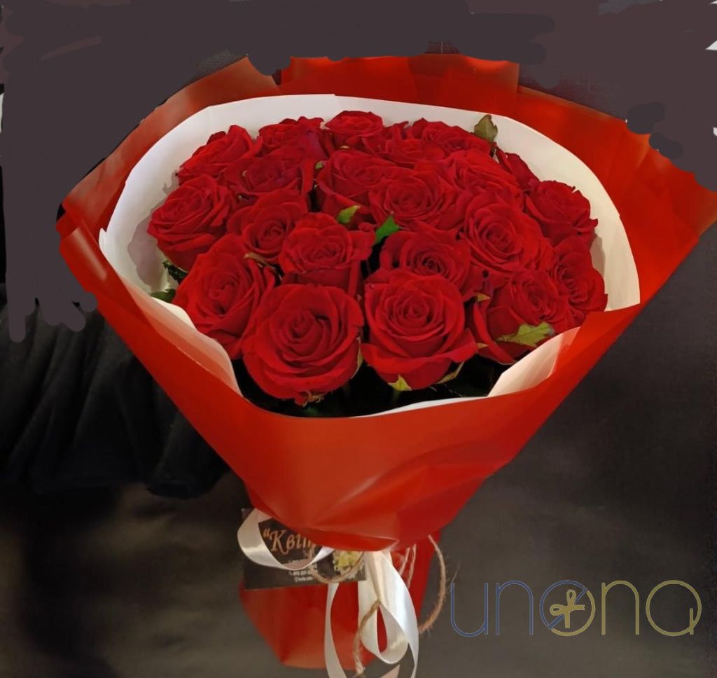 Classic bouquet of 21 red roses close-up