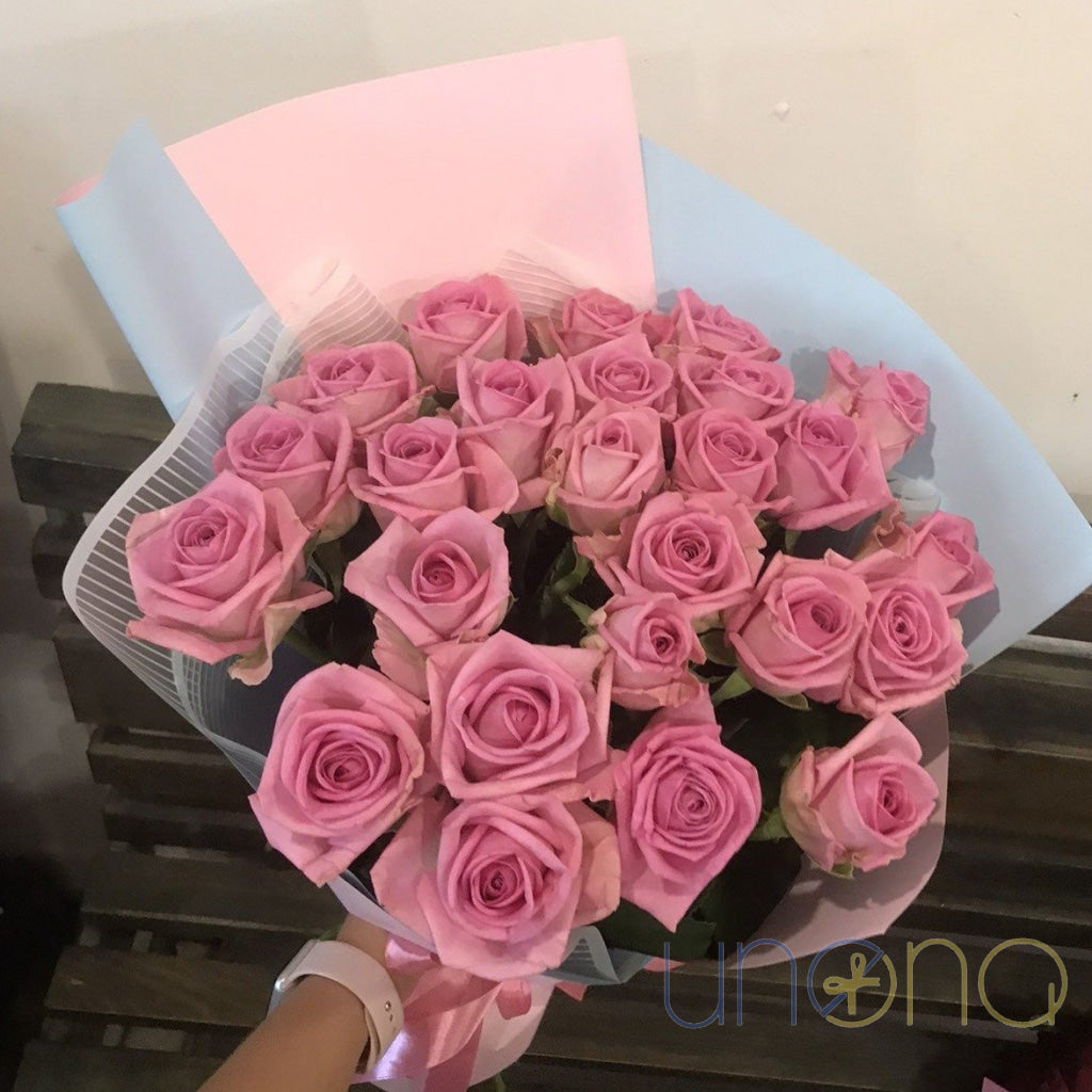 21 red roses hand-tied bouquet with ribbon