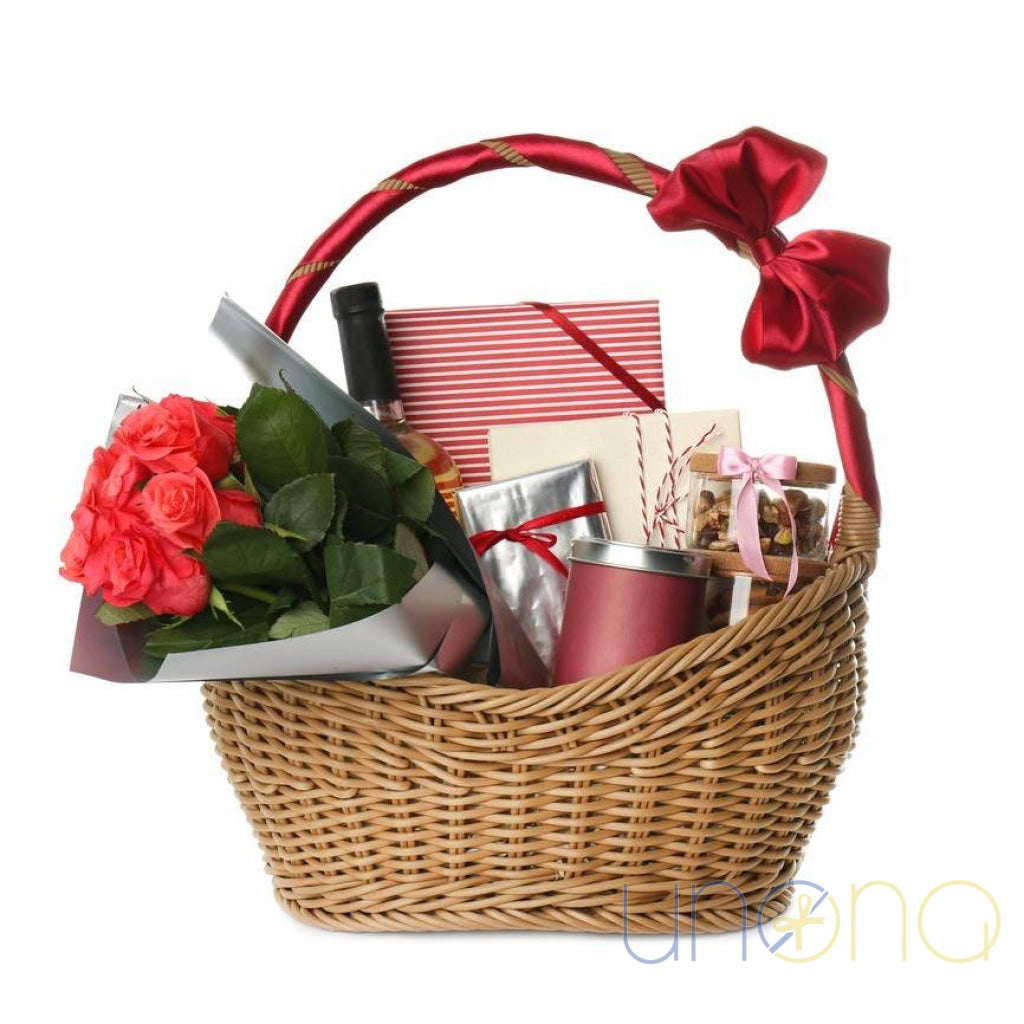 All My Love gift basket with roses, wine, Lindt chocolate, tea, dried fruits and nuts