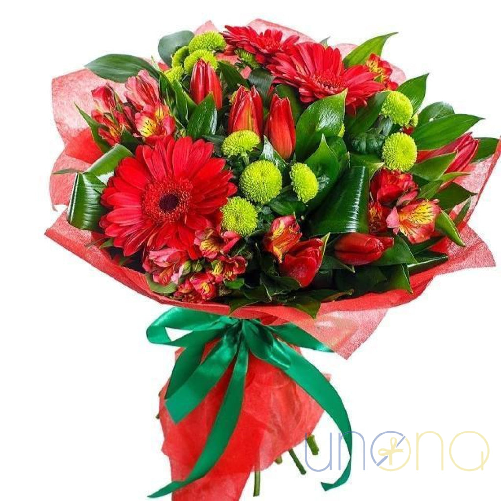 Red bouquet with gerberas, tulips and alstroemeria – flower delivery Ukraine
