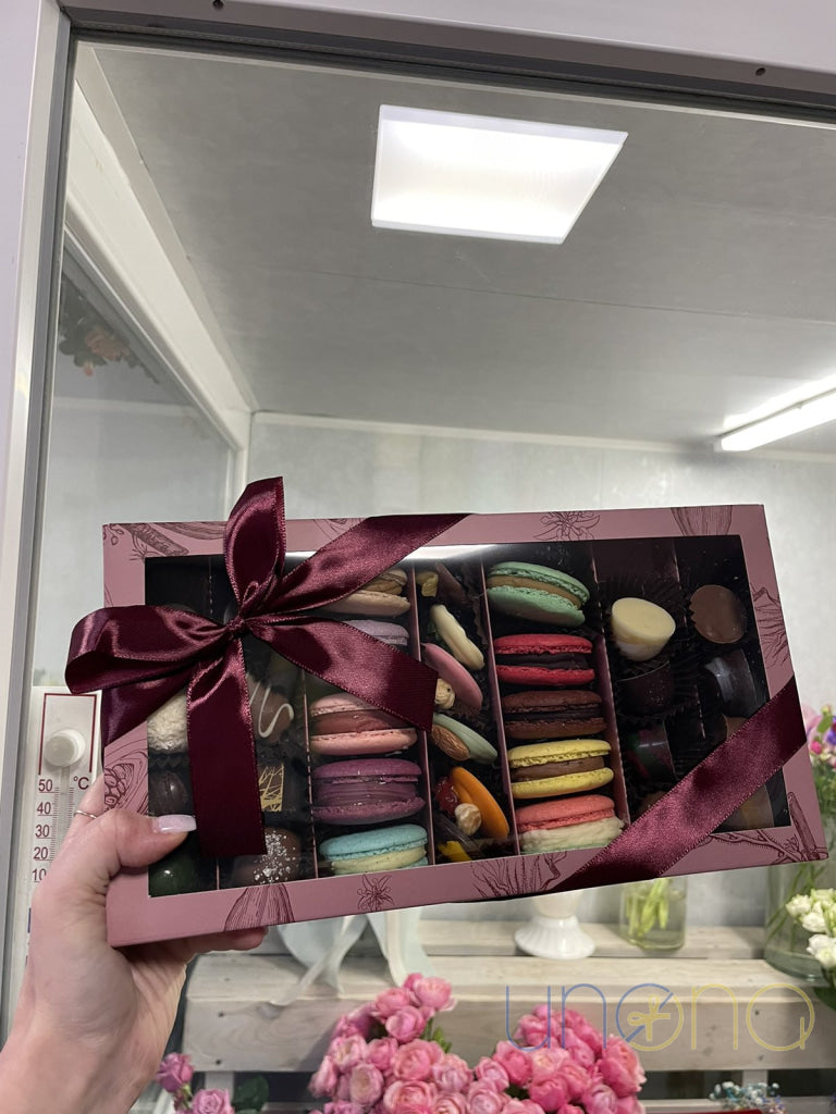 Artisan chocolate collection with macarons and truffles