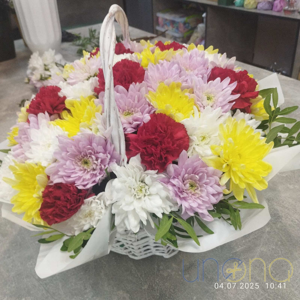 Handcrafted flower basket with fresh multicolored asters, perfect autumn gift in Ukraine