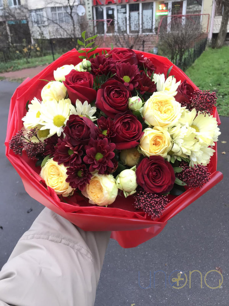 Autumn roses and chrysanthemums bouquet hand-delivered in Ukraine
