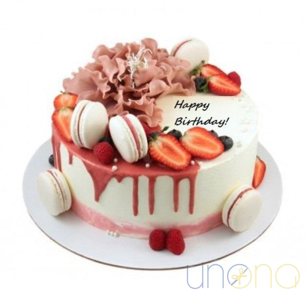 Birthday Cake with French macarons and fresh berries