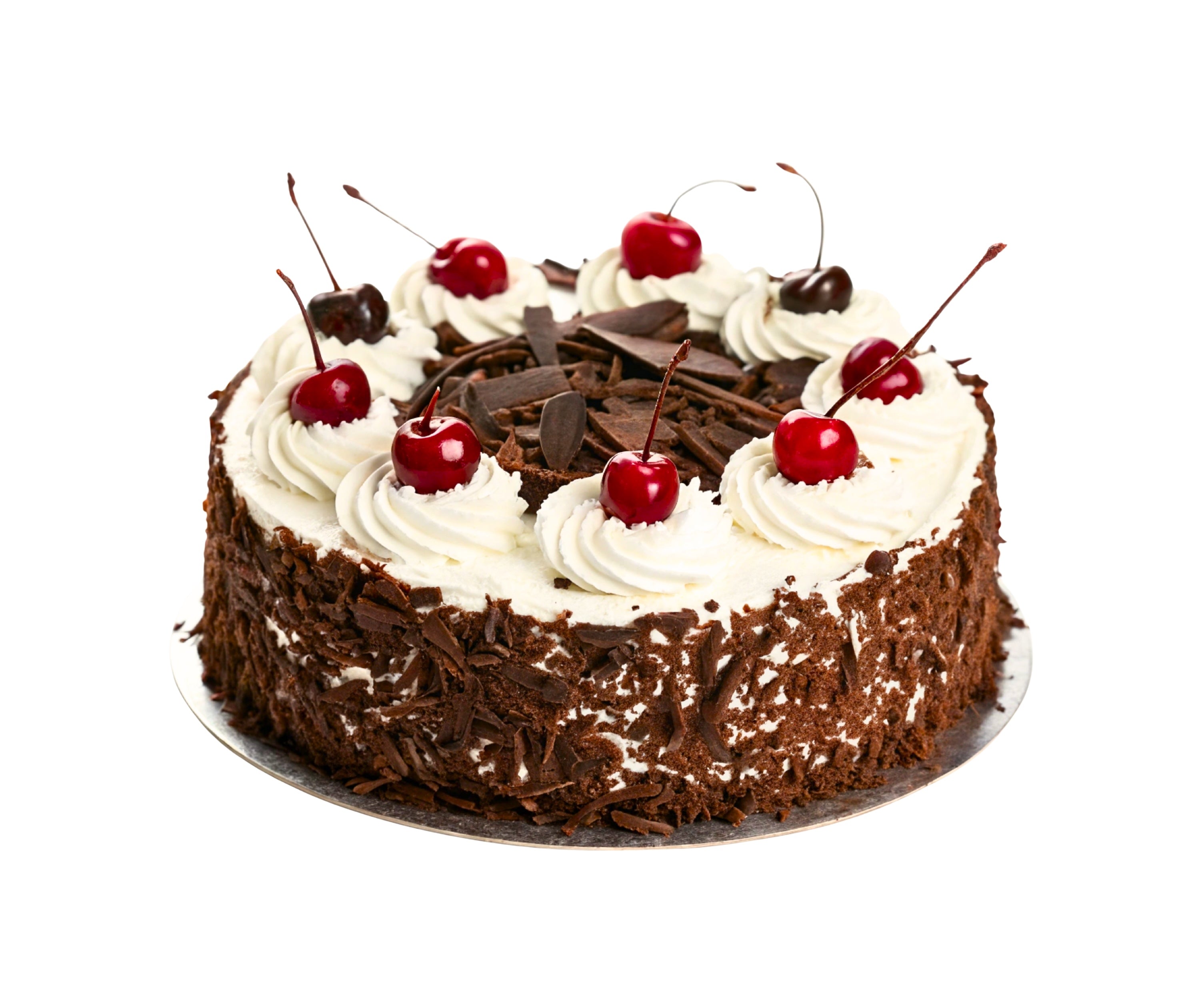 Black forest Chocolate cake with white frosting and cherries on a white background