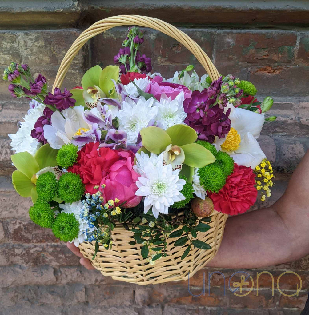 Peony rose flower arrangement in gift basket Ukraine