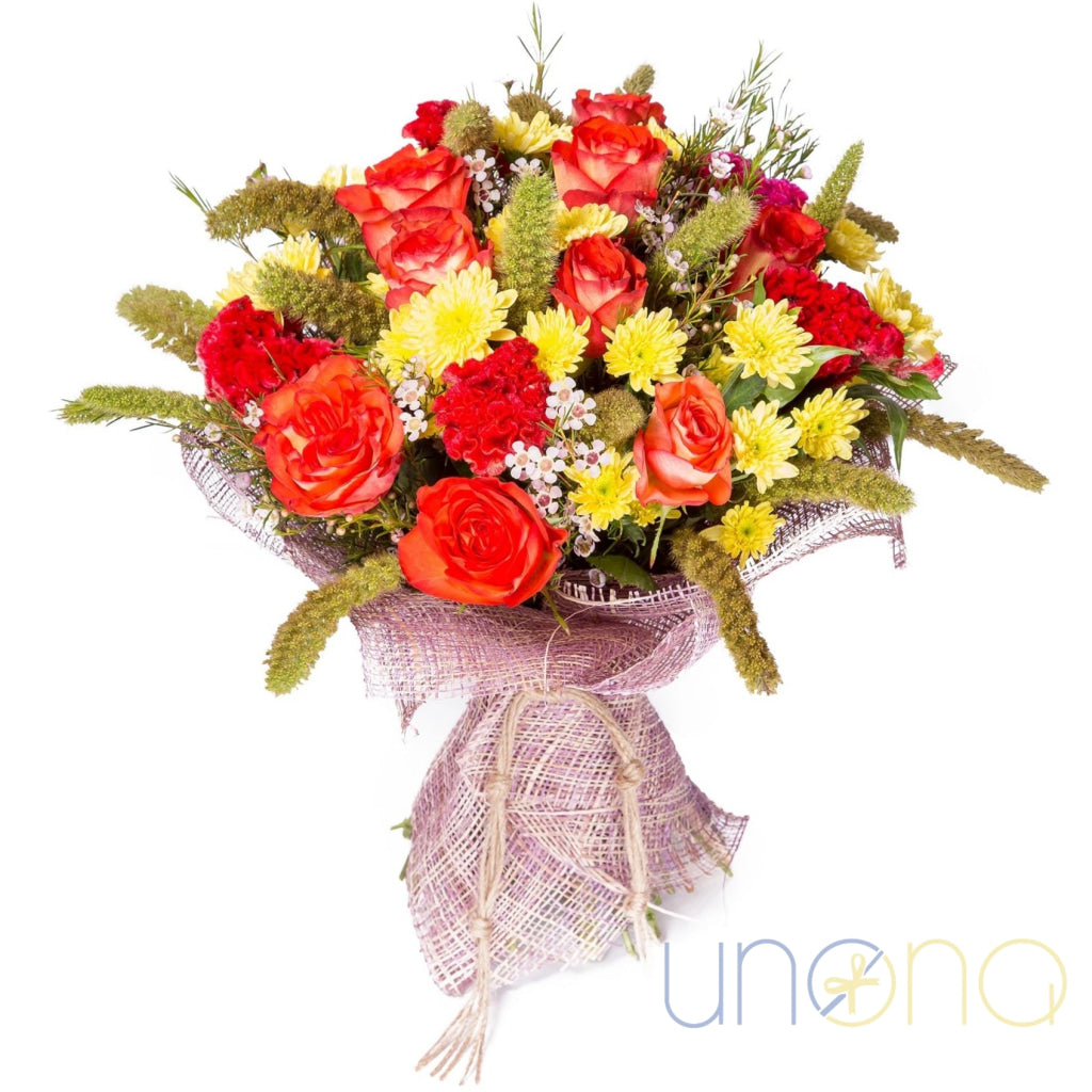 Bright chrysanthemums and roses bouquet – Ukraine flower delivery