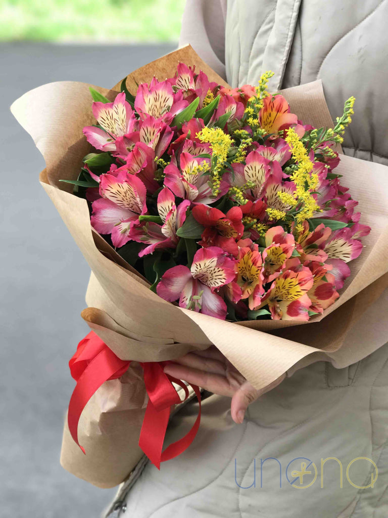 Send 11 alstroemerias in red, pink & white to Ukraine