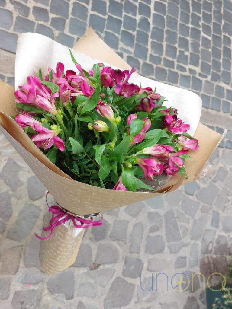 Rustic wrapped bouquet of 11 alstroemerias with ribbon Ukraine