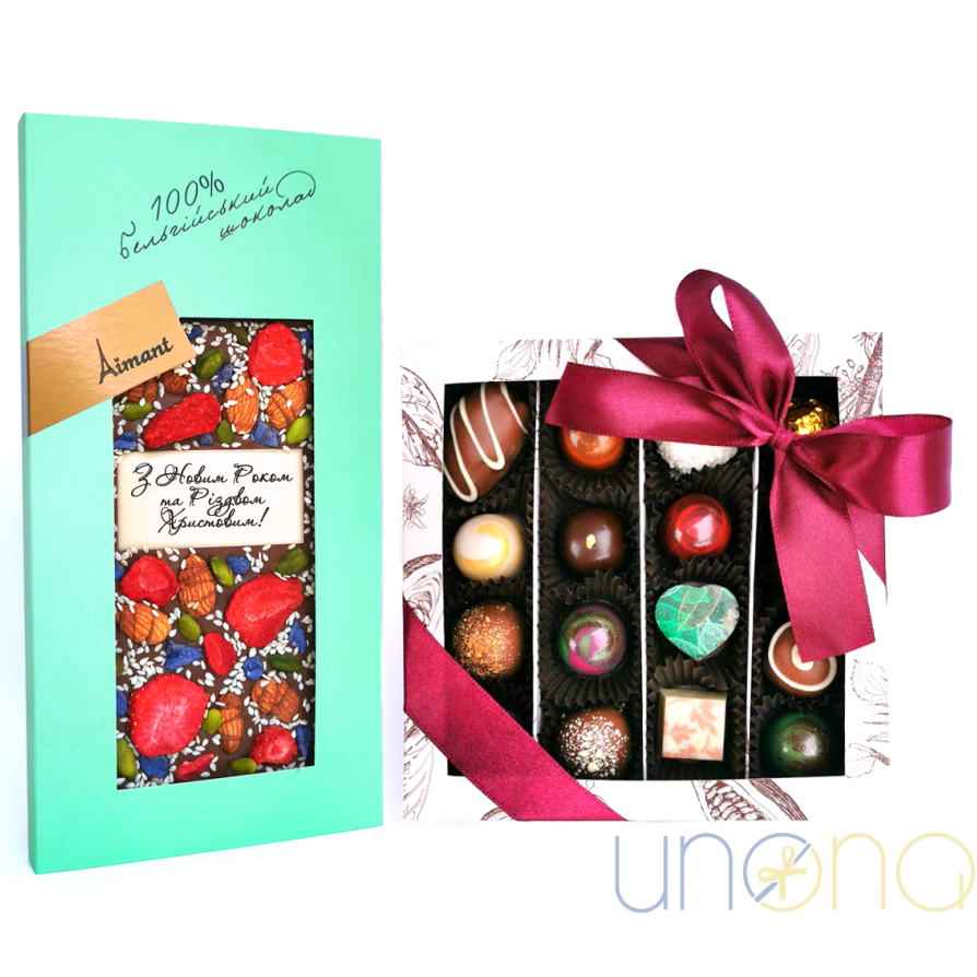 Christmas Belgian chocolate gift set with artisan chocolates and festive holiday chocolate bar for delivery in Ukraine