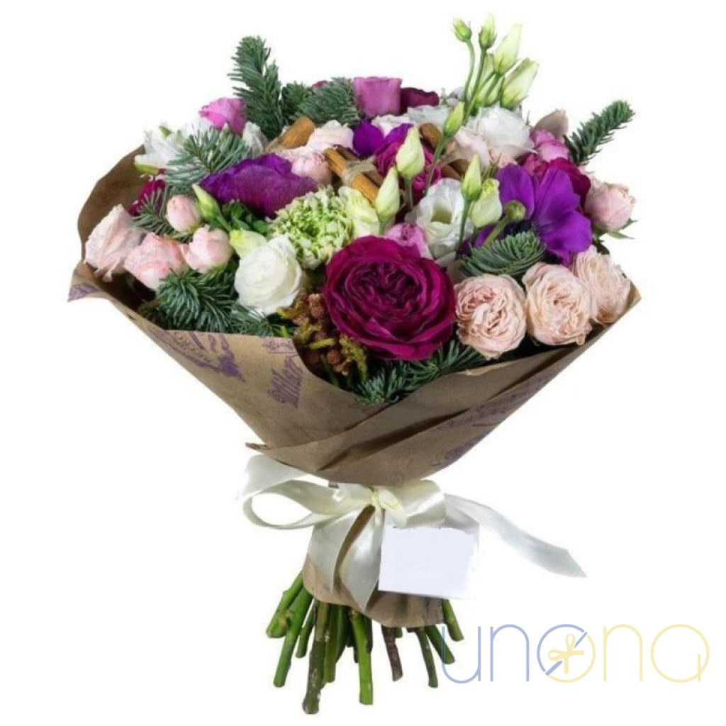 Christmas Masquerade Bouquet — burgundy roses, pink spray roses, purple eustomas & pine branches, holiday flower delivery to Ukraine