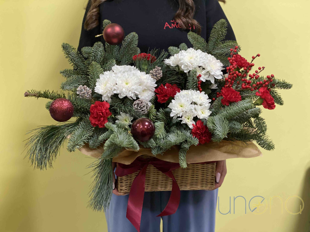 Red carnation flowers in Christmas Story Bouquet