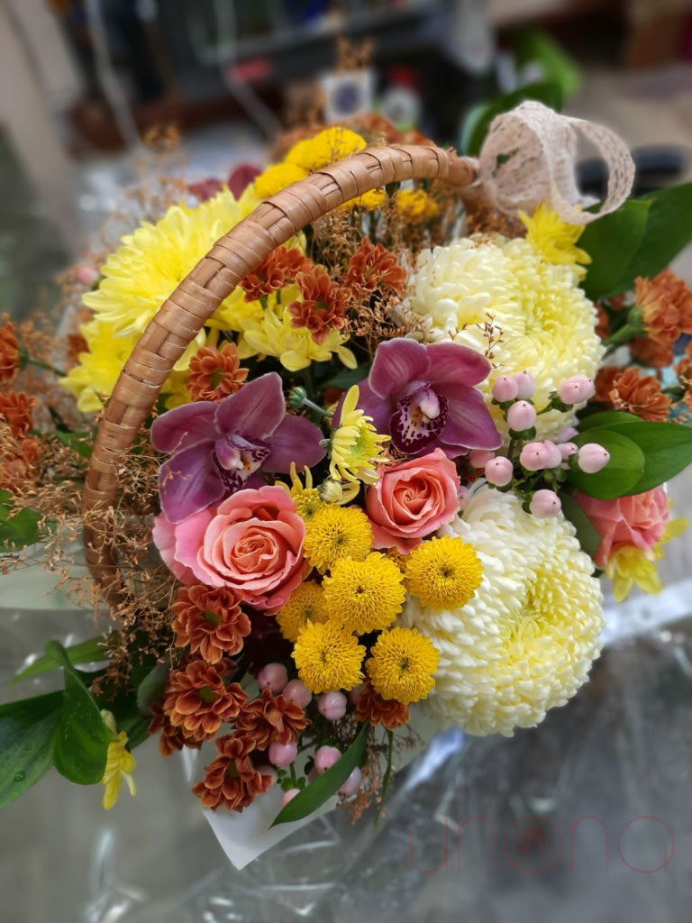 Colorful chrysanthemum flower basket hand-delivered in Ukraine