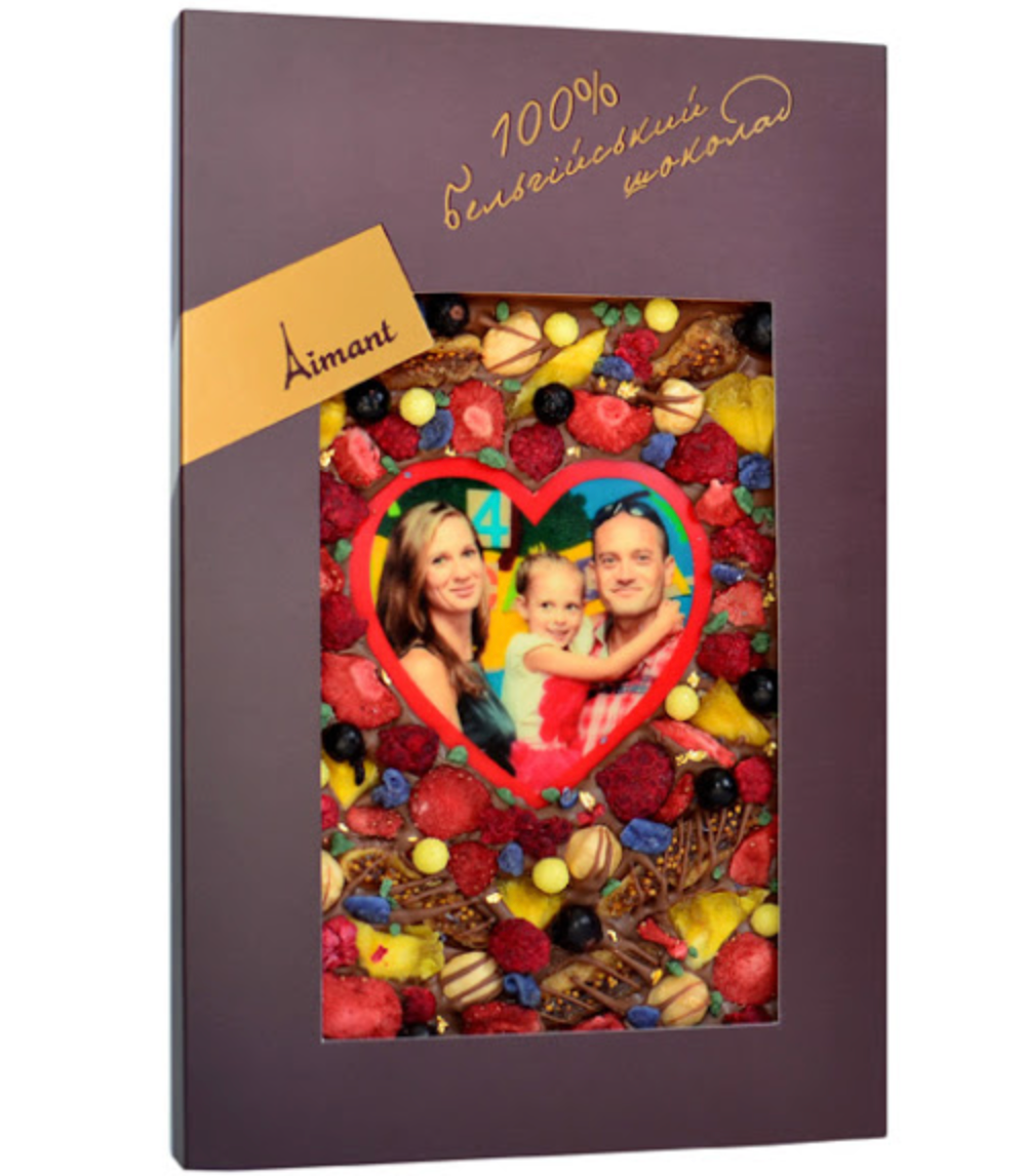 Personalized Belgian chocolate bar with edible photo, berries, nuts, and edible flowers delivery in Ukraine
