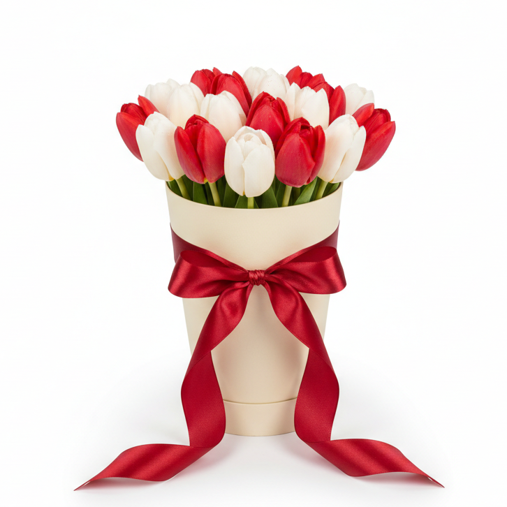 19 white and red tulips in cone box delivery Ukraine