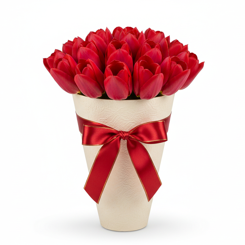 Red tulips in elegant cone-shaped box Ukraine