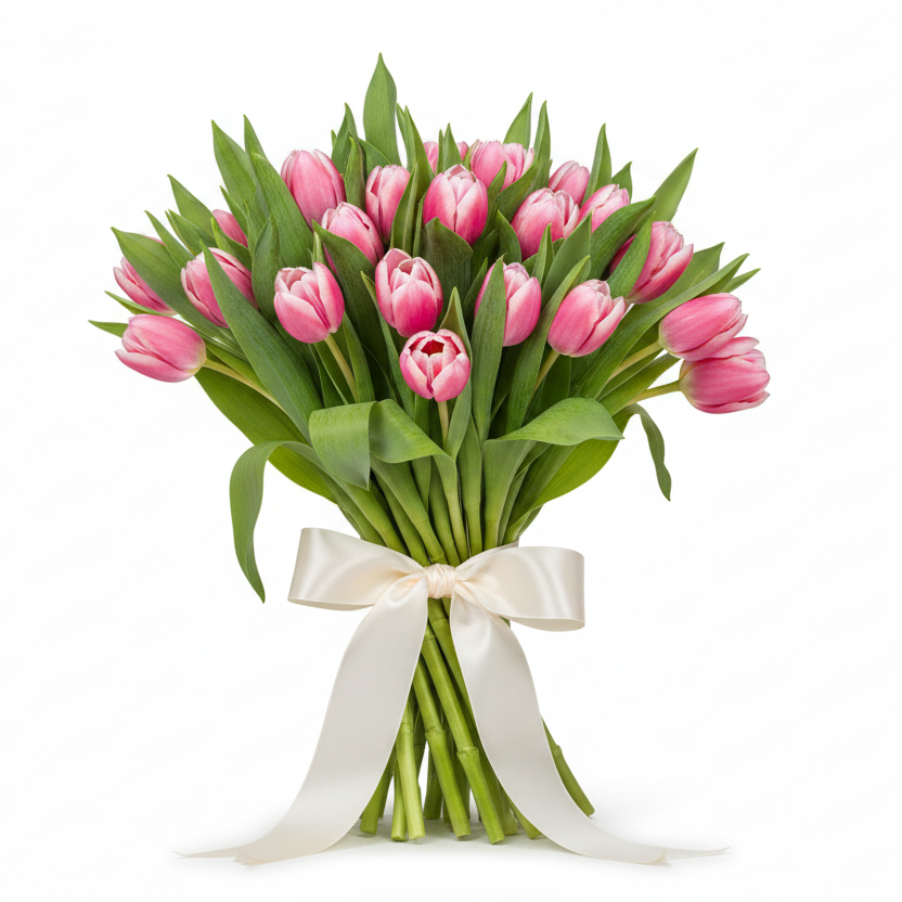 Large pink tulips arrangement with satin bow Ukraine