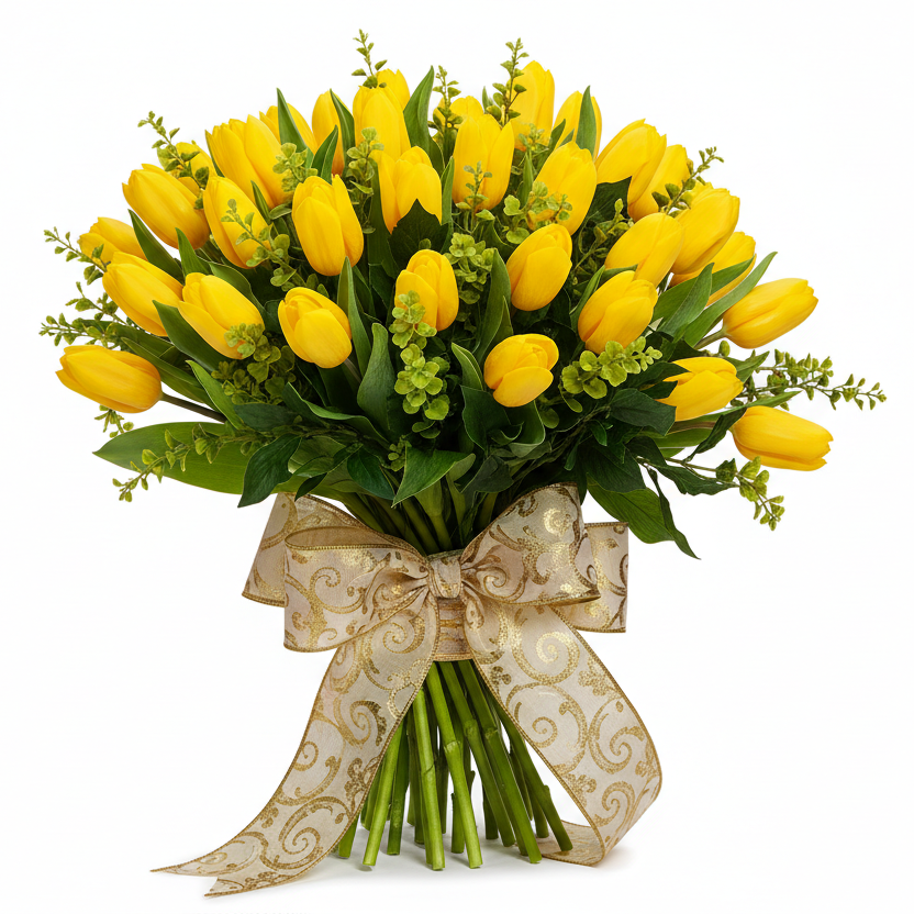 Bright spring tulips bouquet with seasonal greens Ukraine