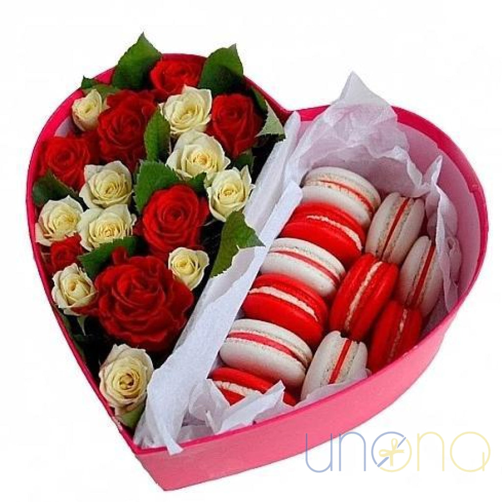 Delicious Blossom Gift Box | Ukraine Gift Heart-shaped gift box with red and white roses and French macarons delivery in Ukraine