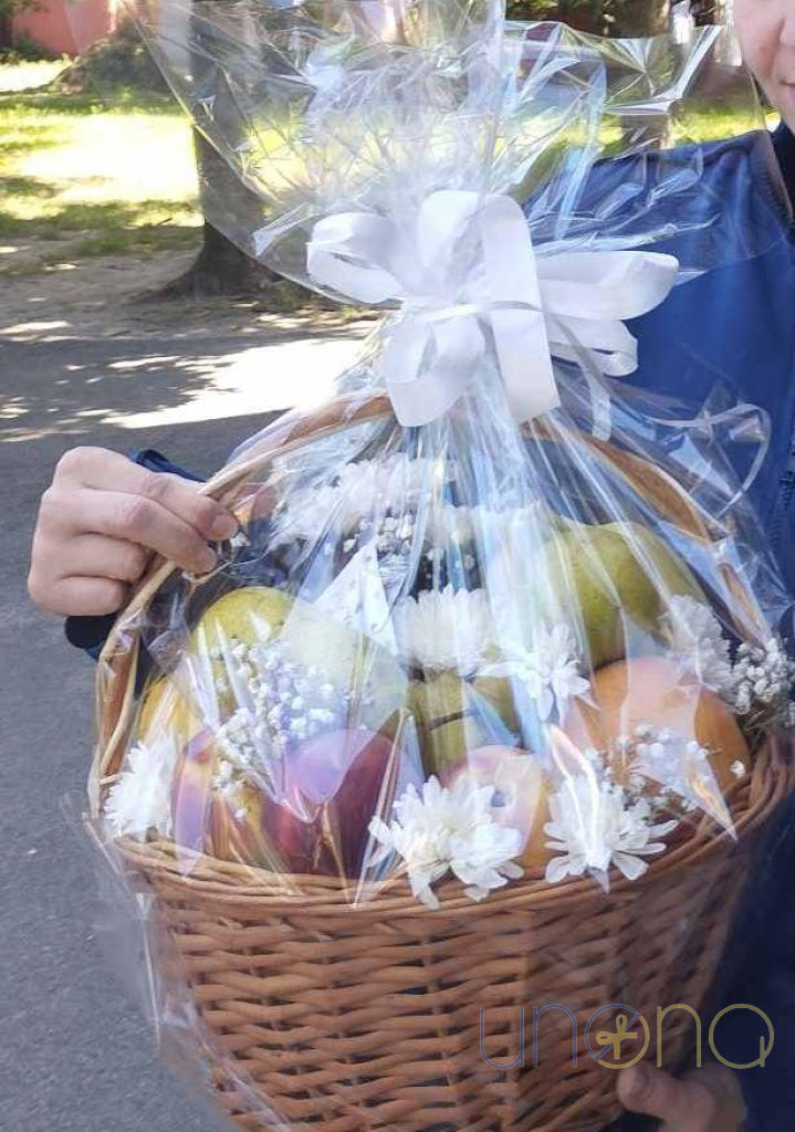 Deluxe Fruit Basket with Floral Decor fruit basket