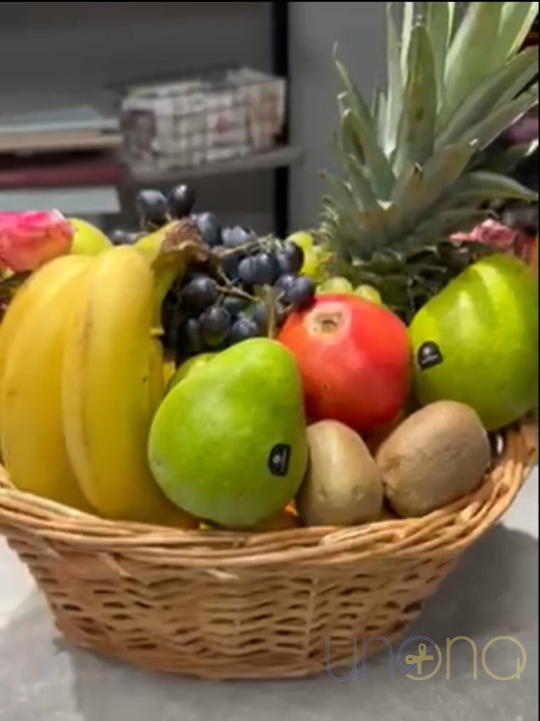 Deluxe Fruit Basket With Floral Decor Fruit Basket