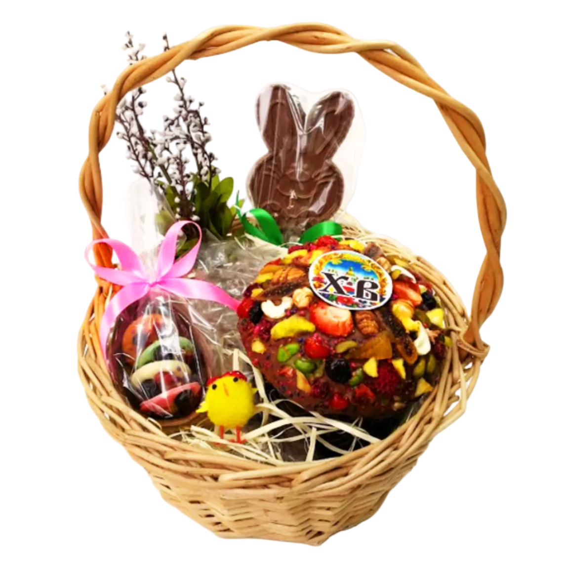 Mini Easter chocolate gift basket with paska cake chocolate bunny and festive sweets Ukraine