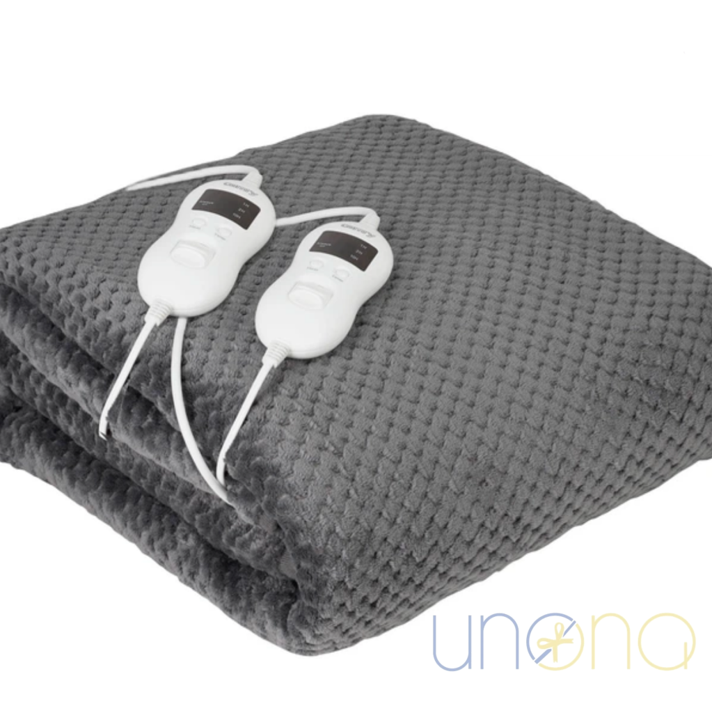 Gray electric blanket with controllers on a white background, featuring branding and promotional text.