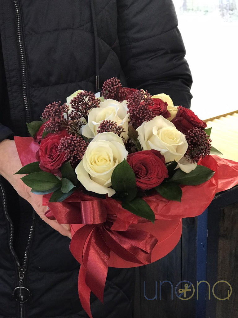 Elegant Cream & Red Floral Hatbox Arrangement Christmas flowers