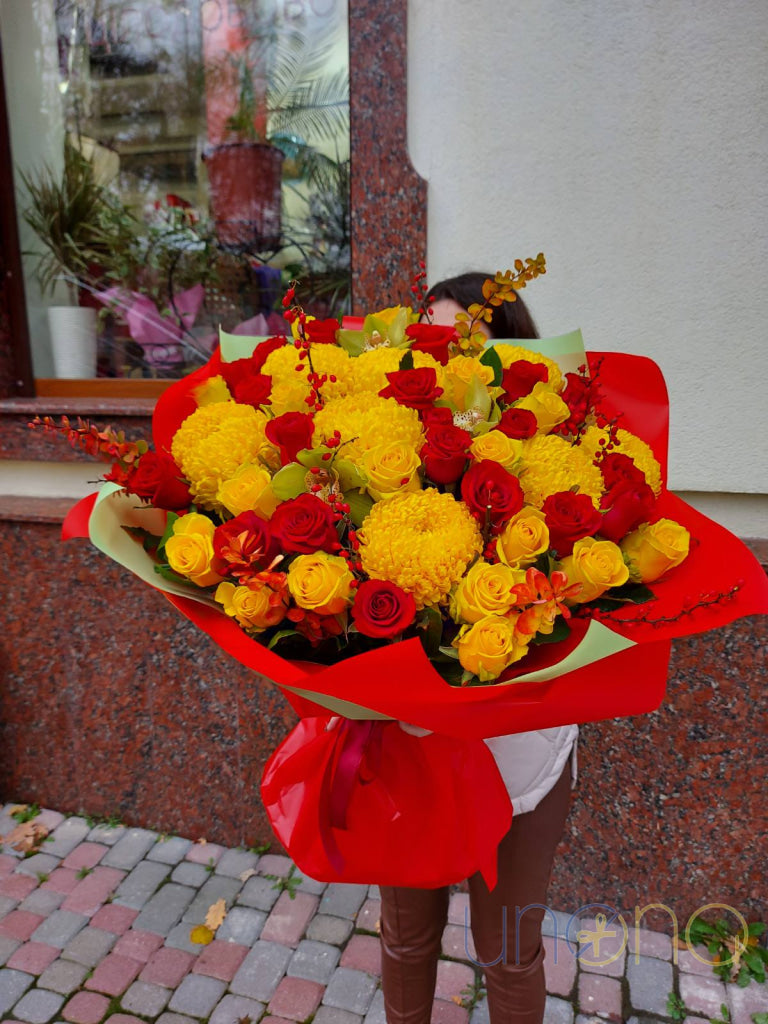 Fall bouquet with red and yellow roses and chrysanthemums - double