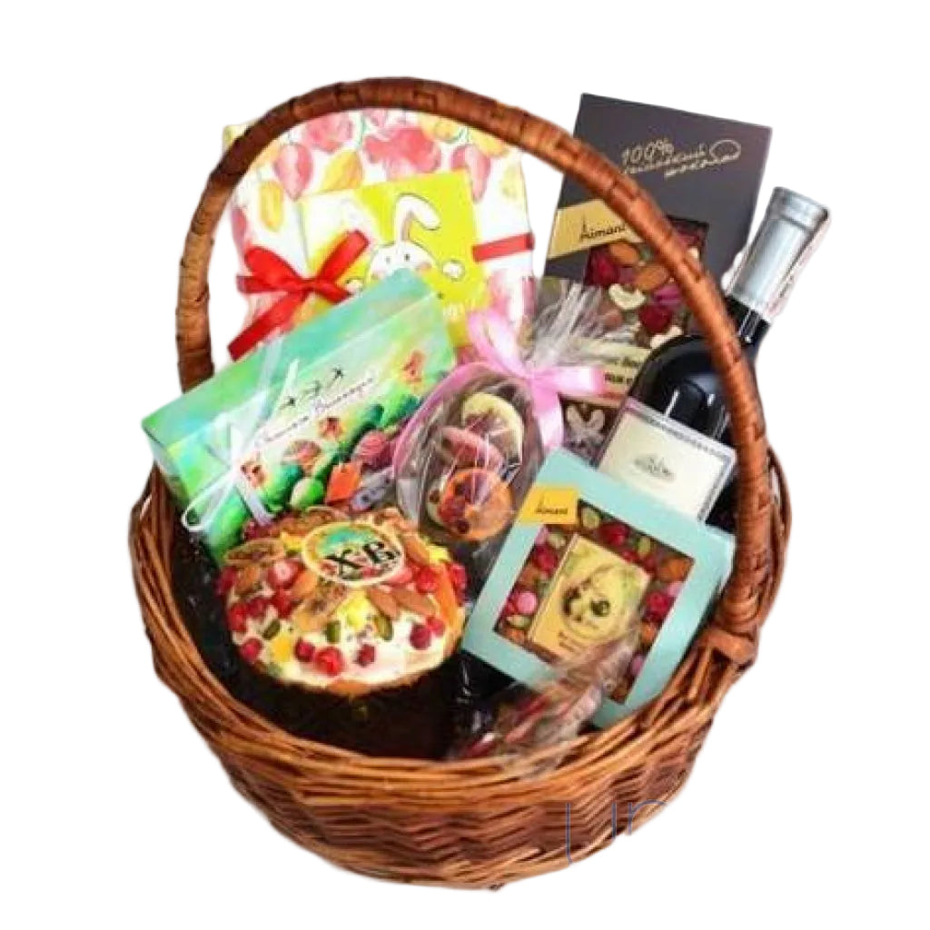 Easter gift basket Ukraine with chocolate assortment and wine