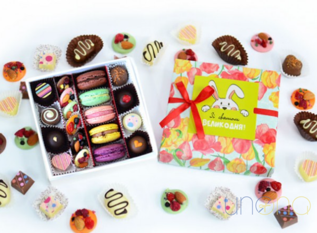 traditional Easter basket with paska and sweets Ukraine