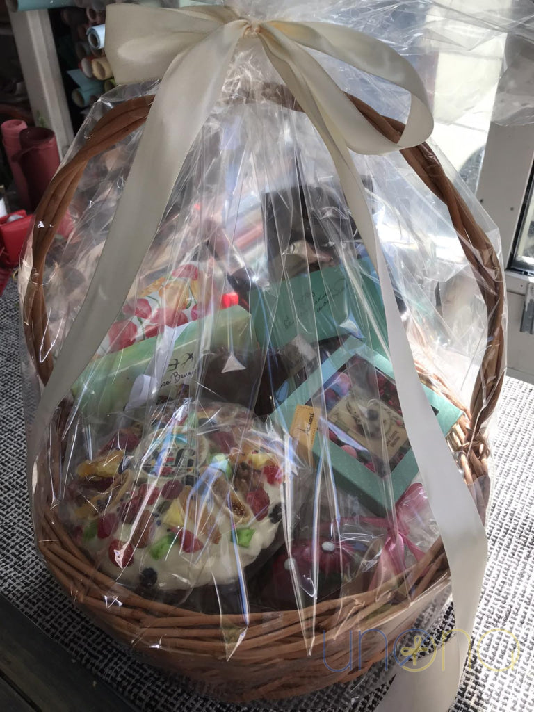 chocolate Easter basket with bunny egg and wine Ukraine