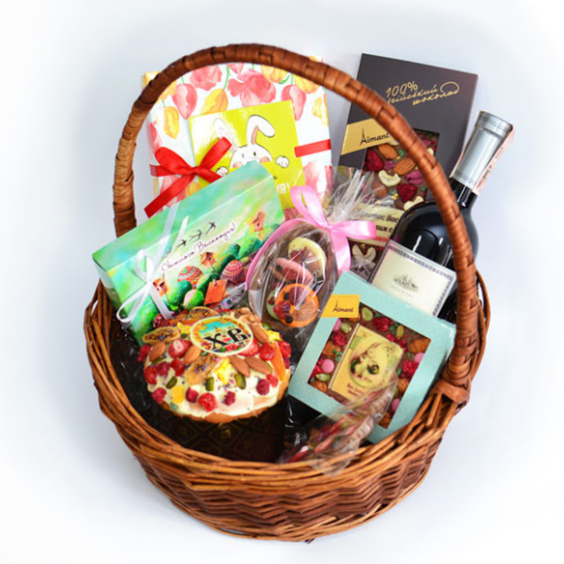 fancy Easter gift basket with paska chocolates and wine Ukraine delivery