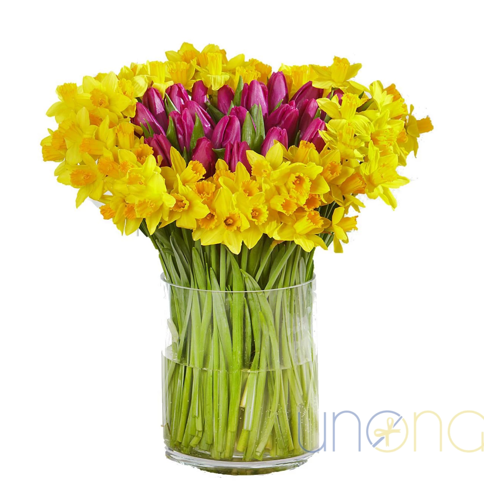 Flower Bliss Bouquet with pink tulips and yellow daffodils – spring flower delivery Ukraine