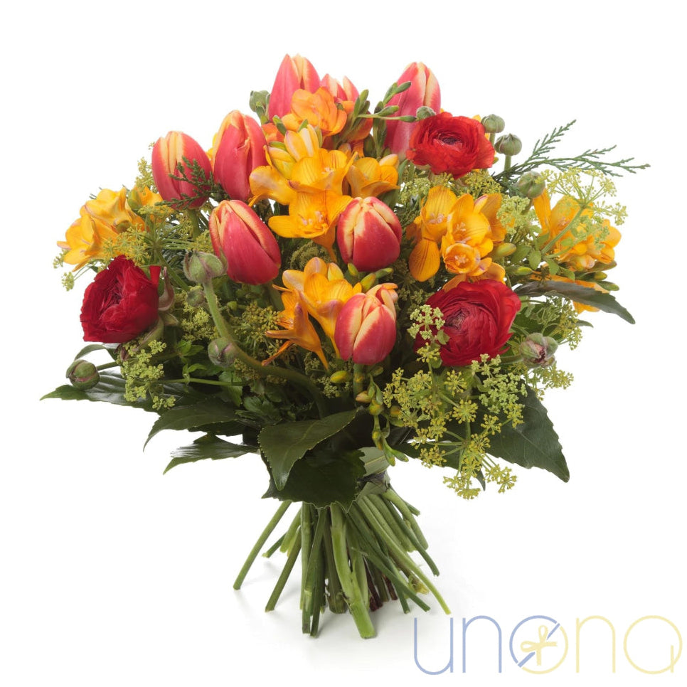 Flower Frenzy Bouquet with red ranunculus, tulips and alstroemeria – flower delivery Ukraine