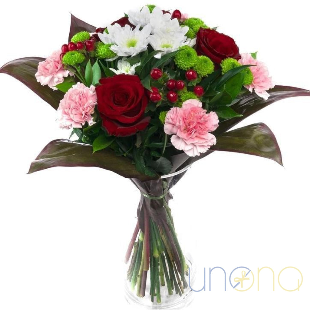 For My Beauty Bouquet with red roses, pink carnations and white chrysanthemums