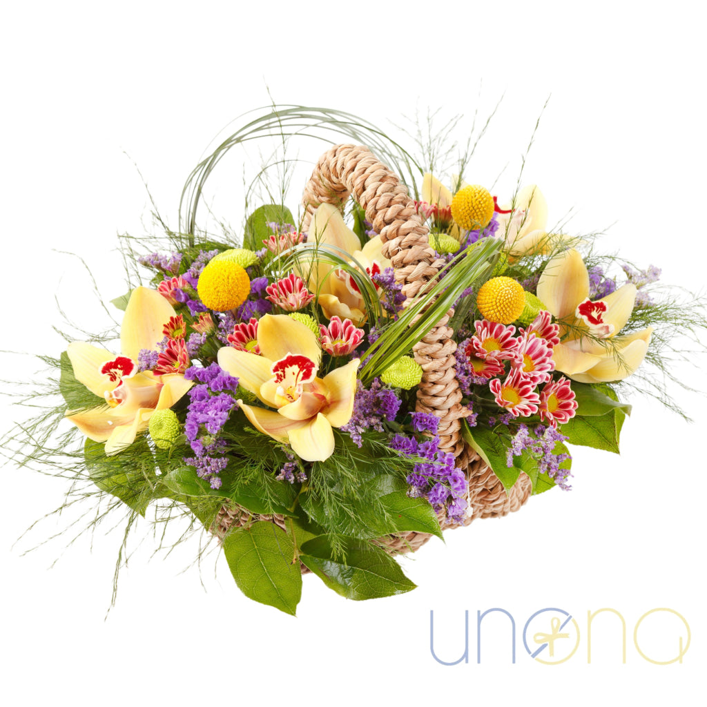 Golden Chrysanthemums & Orchids Arrangement