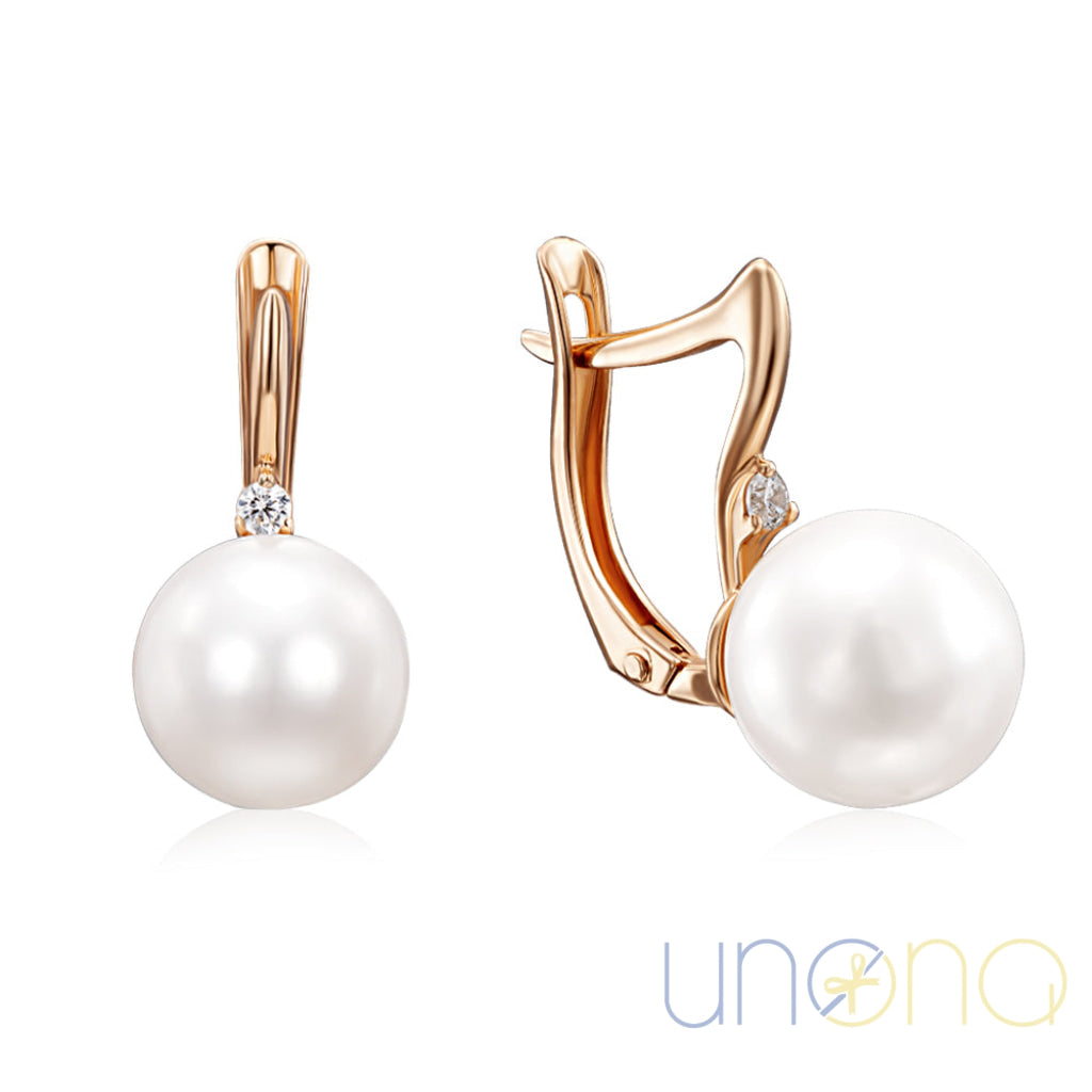 14K gold earrings with 7 mm pearls and zirconia – gift for Ukrainian woman