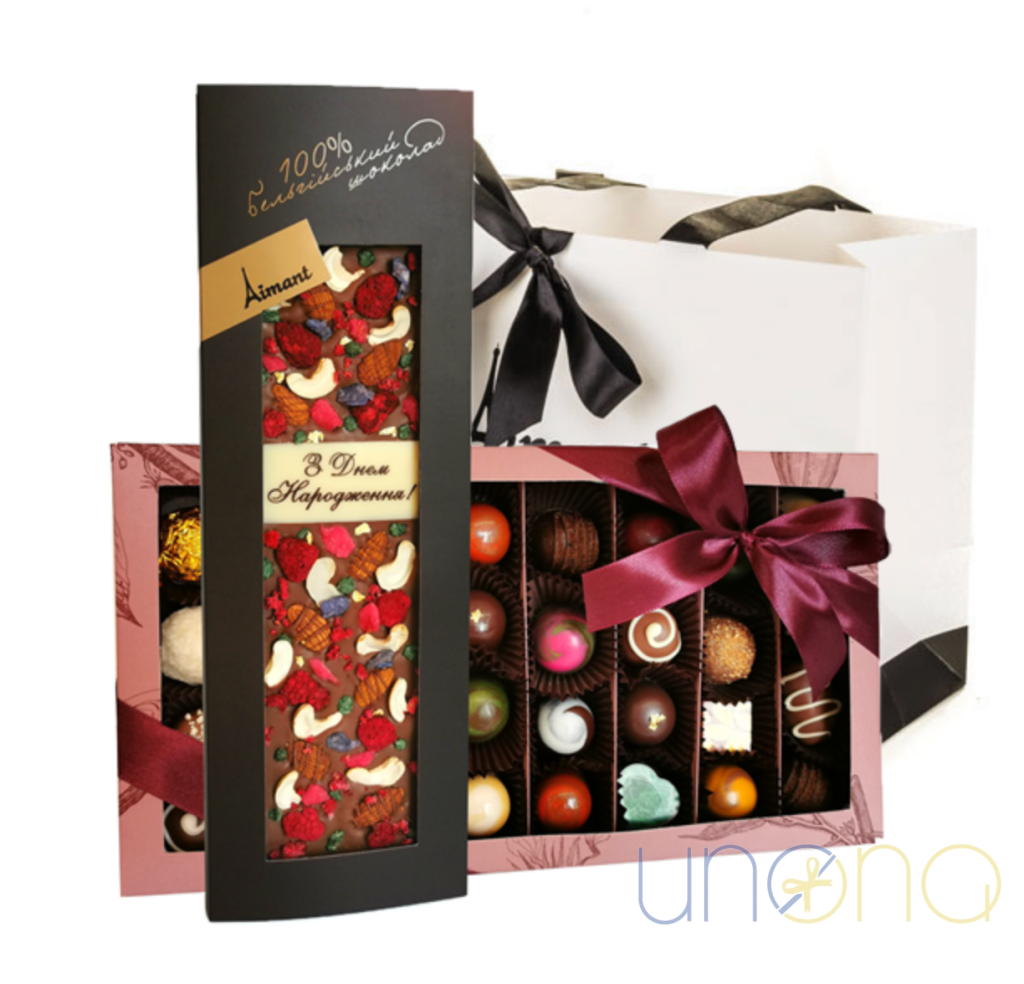 Happy birthday Belgian chocolate gift featuring handcrafted chocolate bar and luxury assorted chocolates