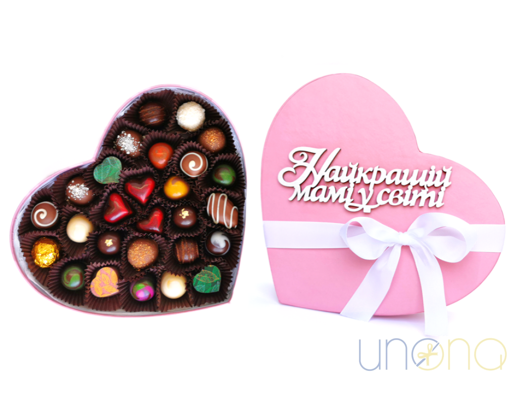 Heart-shaped gift box filled with 27 handcrafted artisan chocolates for romantic gift delivery in Ukraine