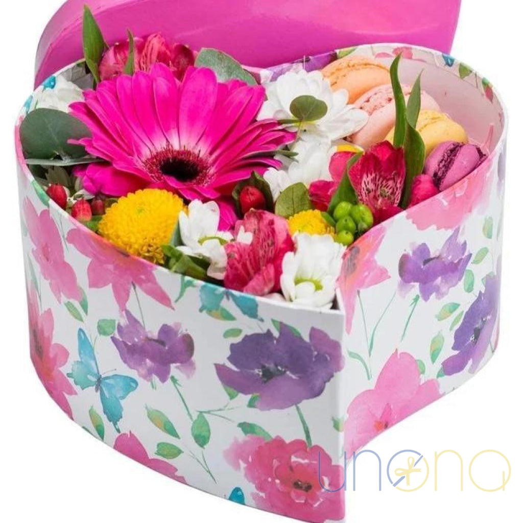 Heart-shaped flower box with macarons delivery Ukraine