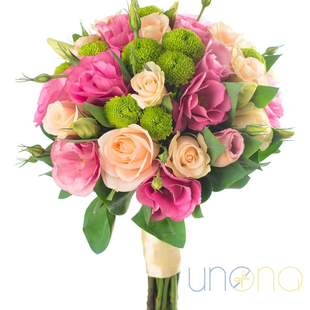 Instant Appeal Bouquet — peach roses, pink eustomas & green chrysanthemum poms, flower delivery to Ukrain