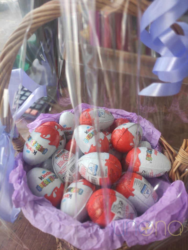 kids Easter basket with chocolate eggs Ukraine