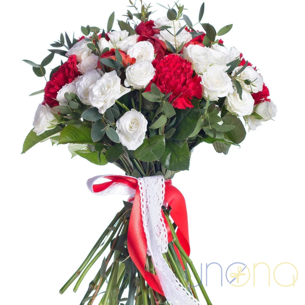 L’amour Toujours Bouquet with white roses and red carnations Ukraine flowers